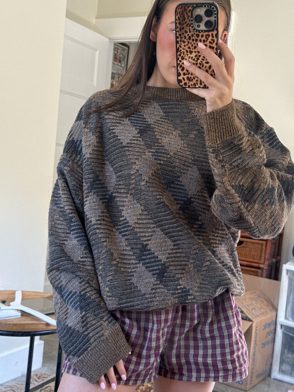 Towncraft Sweater Mens Large Brown Diamond Marled Knit Oversized Fit Crewneck